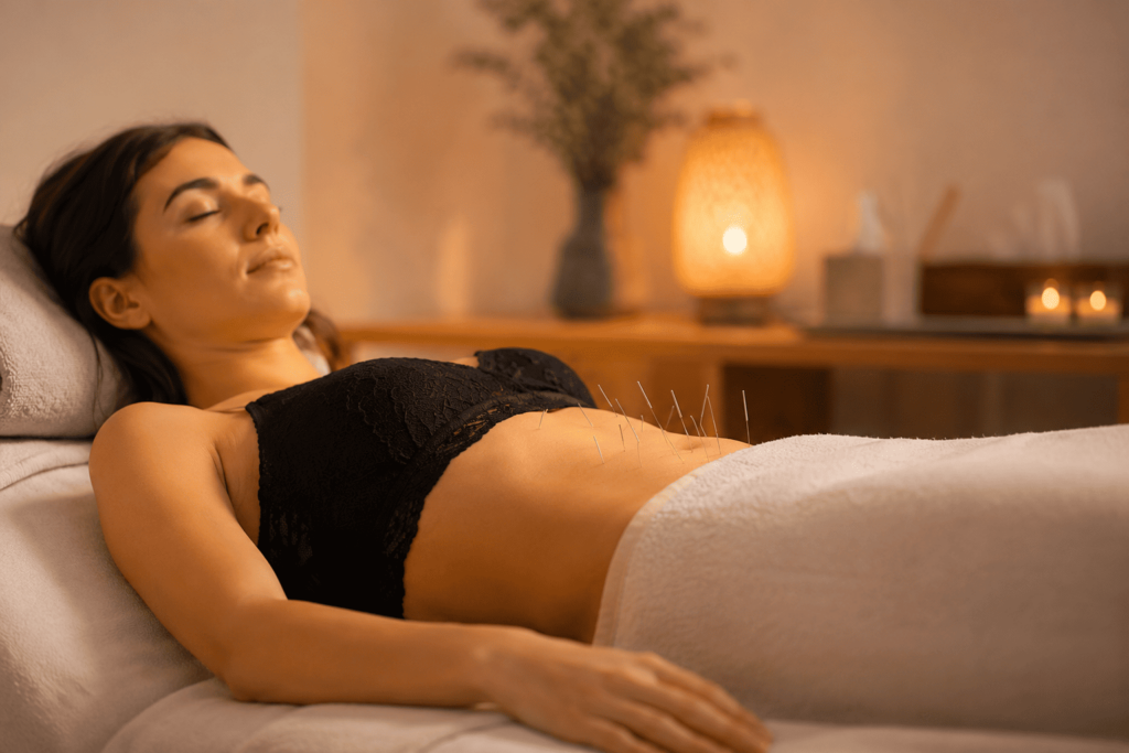 Woman receiving acupuncture for weight loss