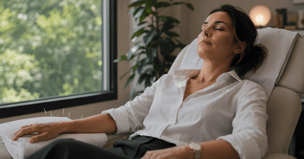 A woman receiving acupuncture for stress