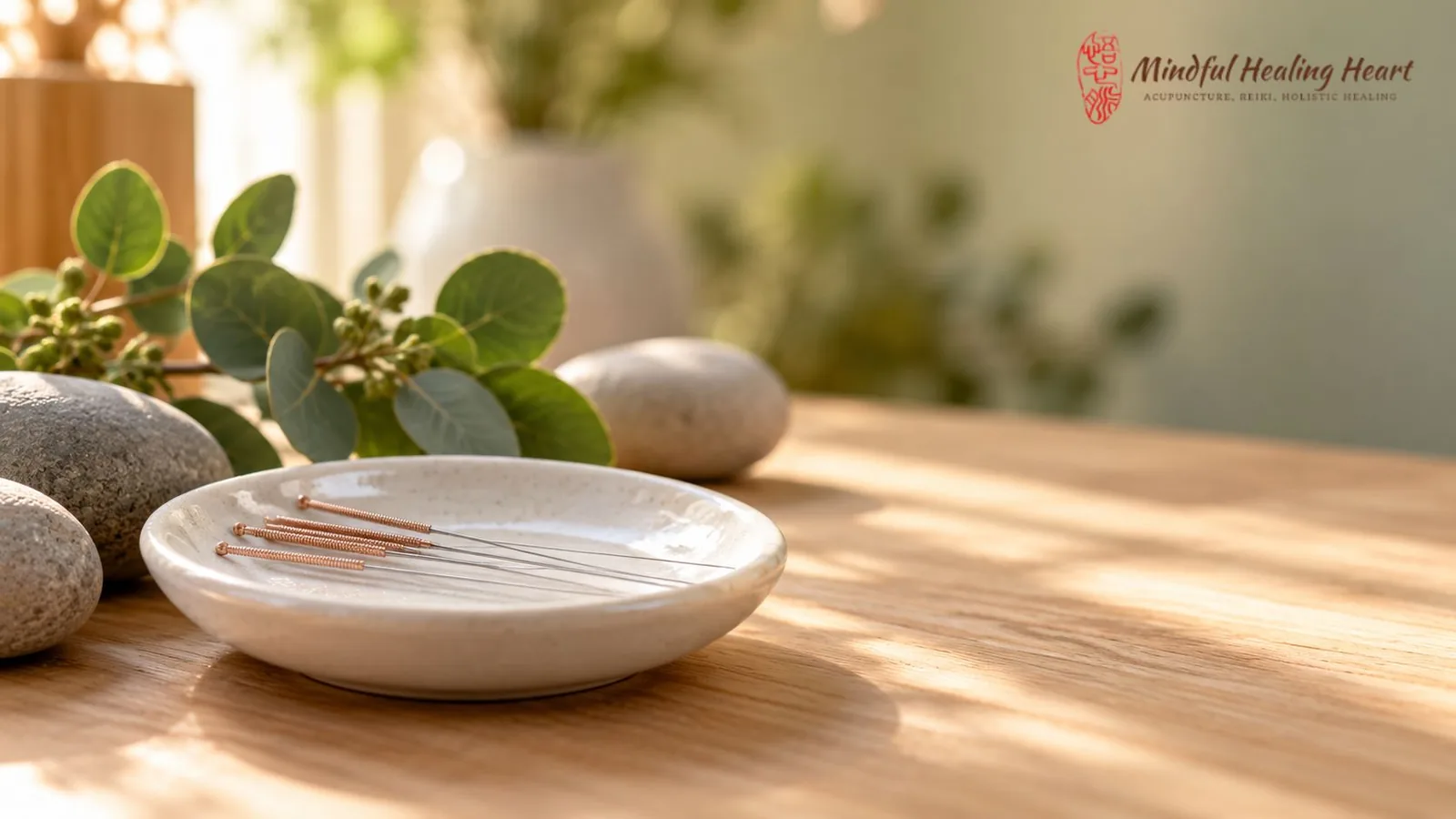 Acupuncture needles resting in a ceramic dish beside smooth stones and eucalyptus at Mindful Healing Heart in Pasadena