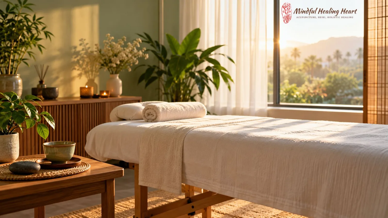 Calm acupuncture treatment room at Mindful Healing Heart in Pasadena, set up for an anxiety acupuncture session