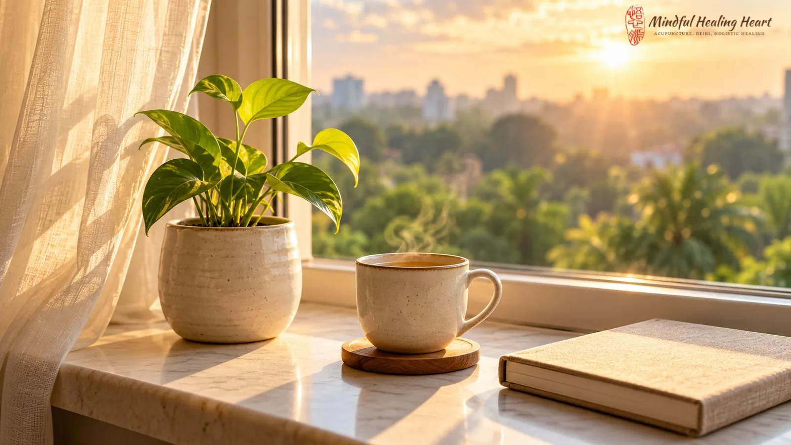 Soft morning light on a seedling and tea, symbolizing renewal through acupuncture for depression in Pasadena, CA
